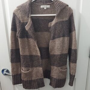 LOFT Women Brown Open Front Cardigan Shawl Collar Chunky Knit Wool Mohai…